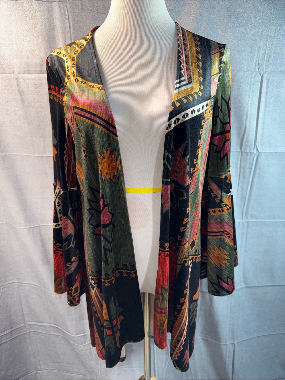 1507-Judith March Black Open-Front Aztec Print Cardigan with Olive & Rust Accent